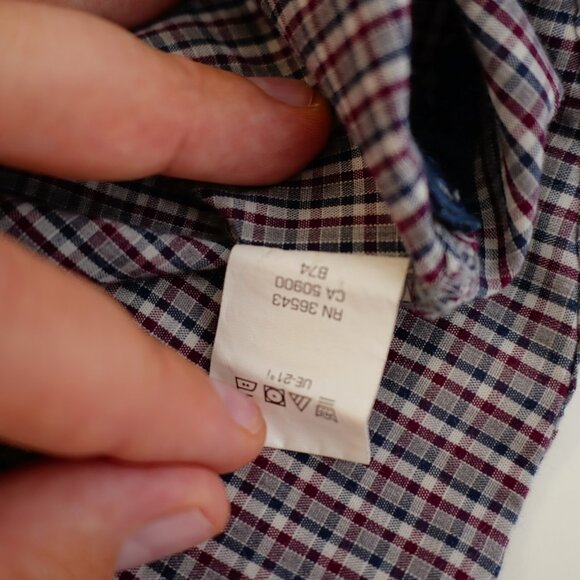 Van Heusen Slim‎ Fit Red Blue Gray Plaid Pocket Button Down Flip Cuff Large Long - Picture 13 of 13